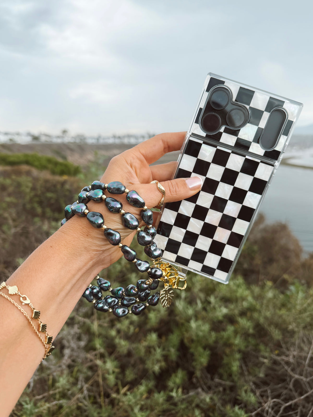Black Lido | Pearl Beaded Phone Wristlet